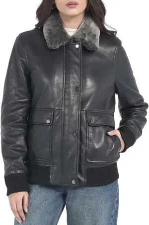 STREGA Womens leather jacket Lambskin Bomber Jacket-detachable snow top faux fur collar Black Leather jacket women.