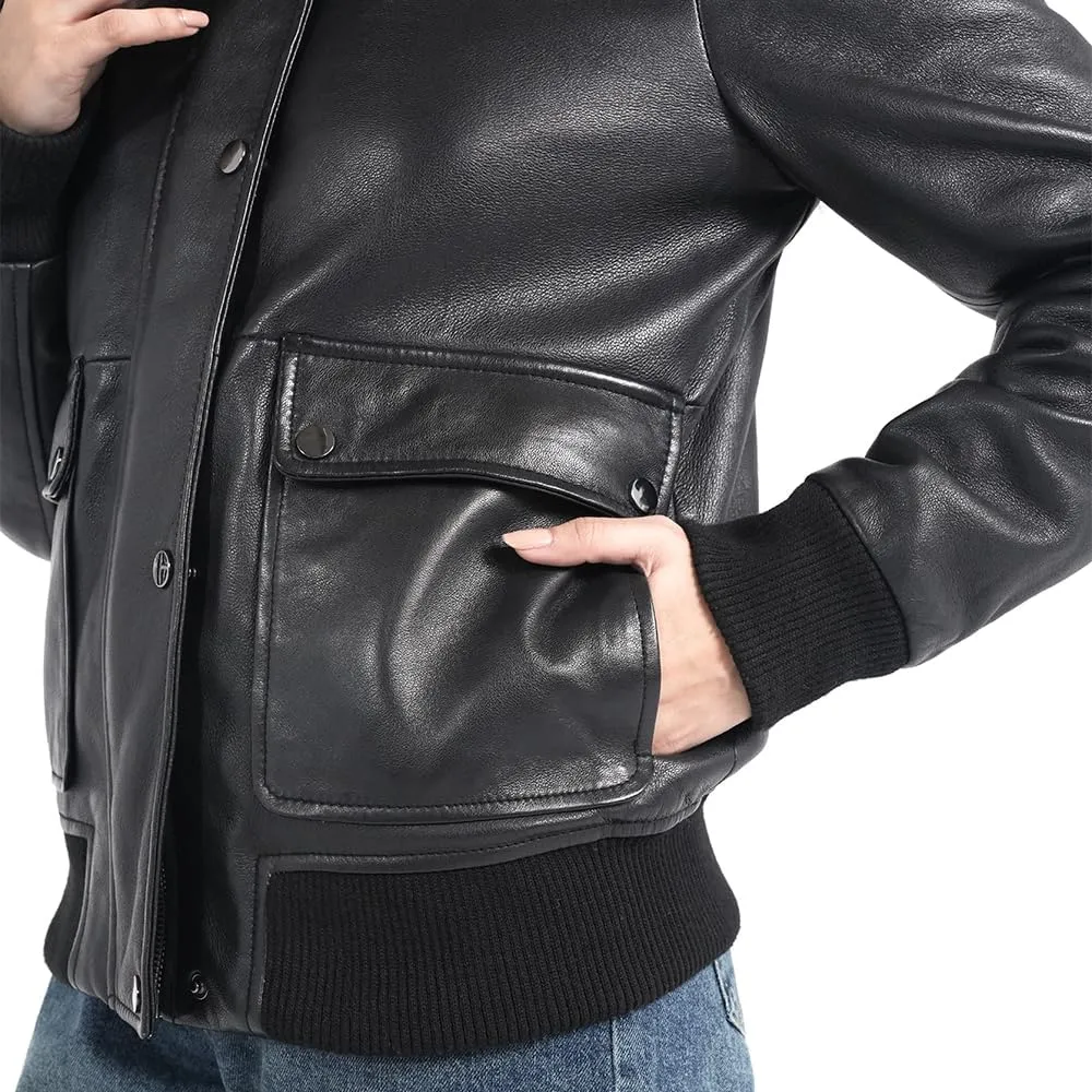 STREGA Womens leather jacket Lambskin Bomber Jacket-detachable snow top faux fur collar Black Leather jacket women.