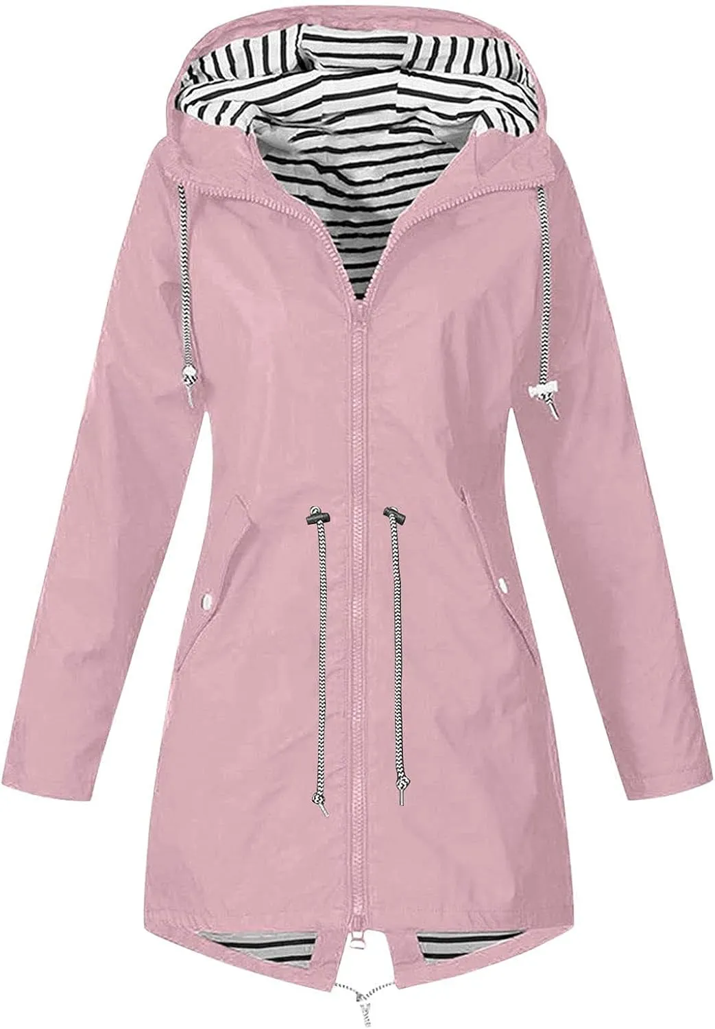 STYESH Raincoat Women Waterproof Long Hooded Trench Coats Striped Lined Windbreaker Travel Jacket Plus Size Raincoat Jackets