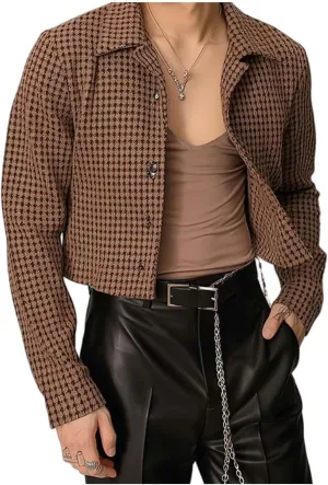 Stylish Men's Cropped Jacket Casual Plaid Shirt Jacket with Long Sleeve Button Down Lapel Coat Trendy Look