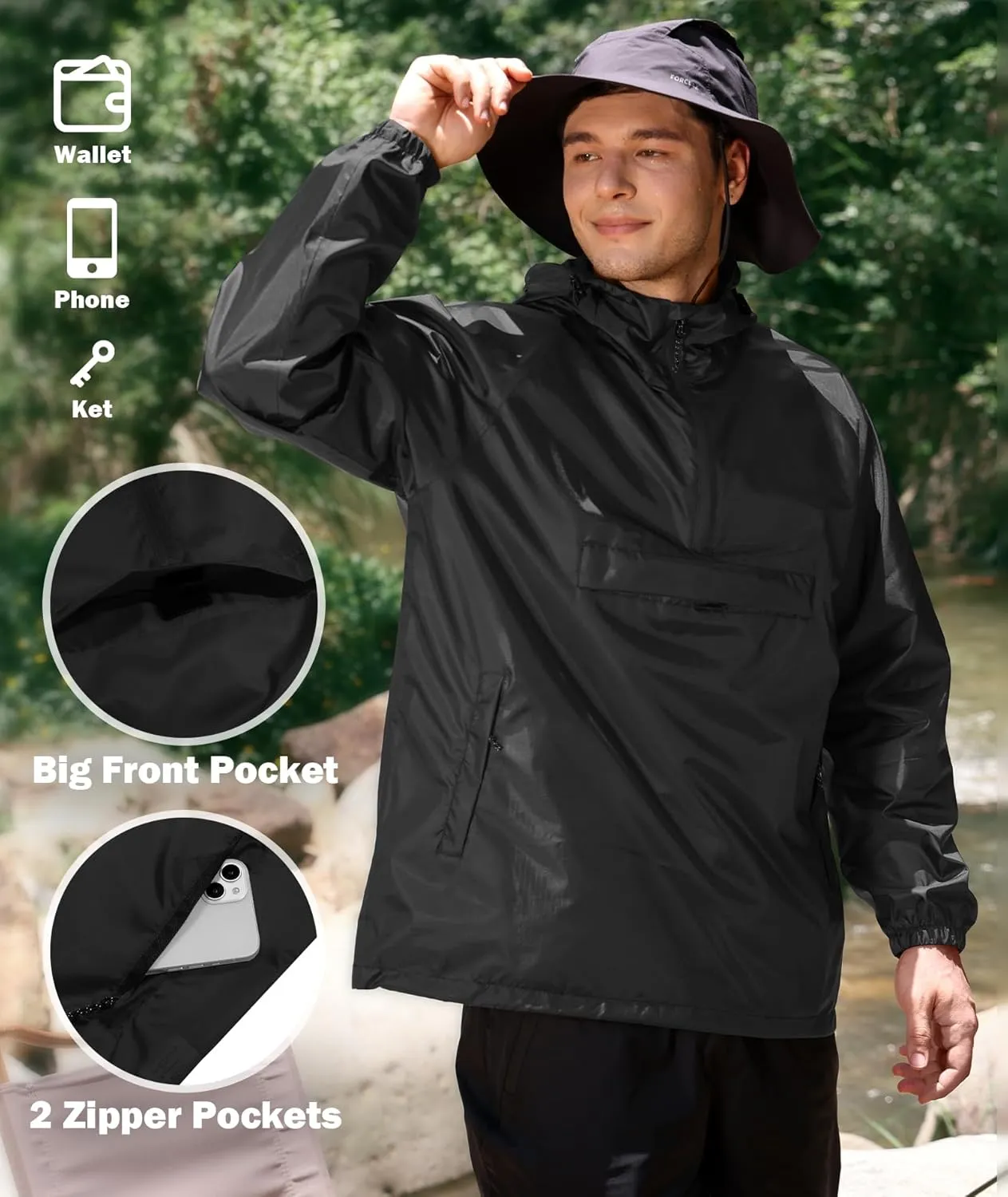 SWISSWELL Men's Rain Jacket Waterproof Lightweight Packable Pullover Windbreaker with Hood for Travel Hiking Golf