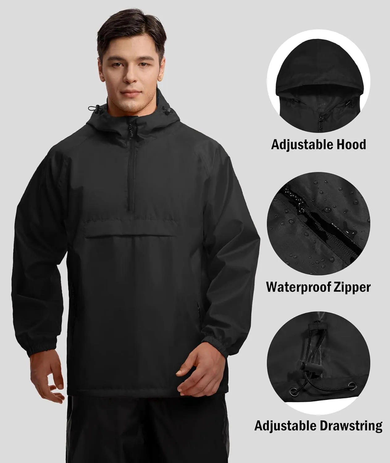 SWISSWELL Men's Rain Jacket Waterproof Lightweight Packable Pullover Windbreaker with Hood for Travel Hiking Golf