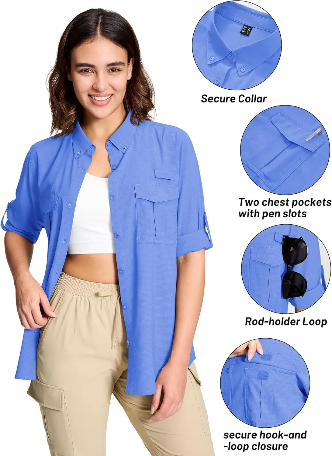 TACVASEN Women's Long Sleeve UV Sun Protection Safari Shirts Lightweight Quick Dry Hiking Fishing Button Down Shirts