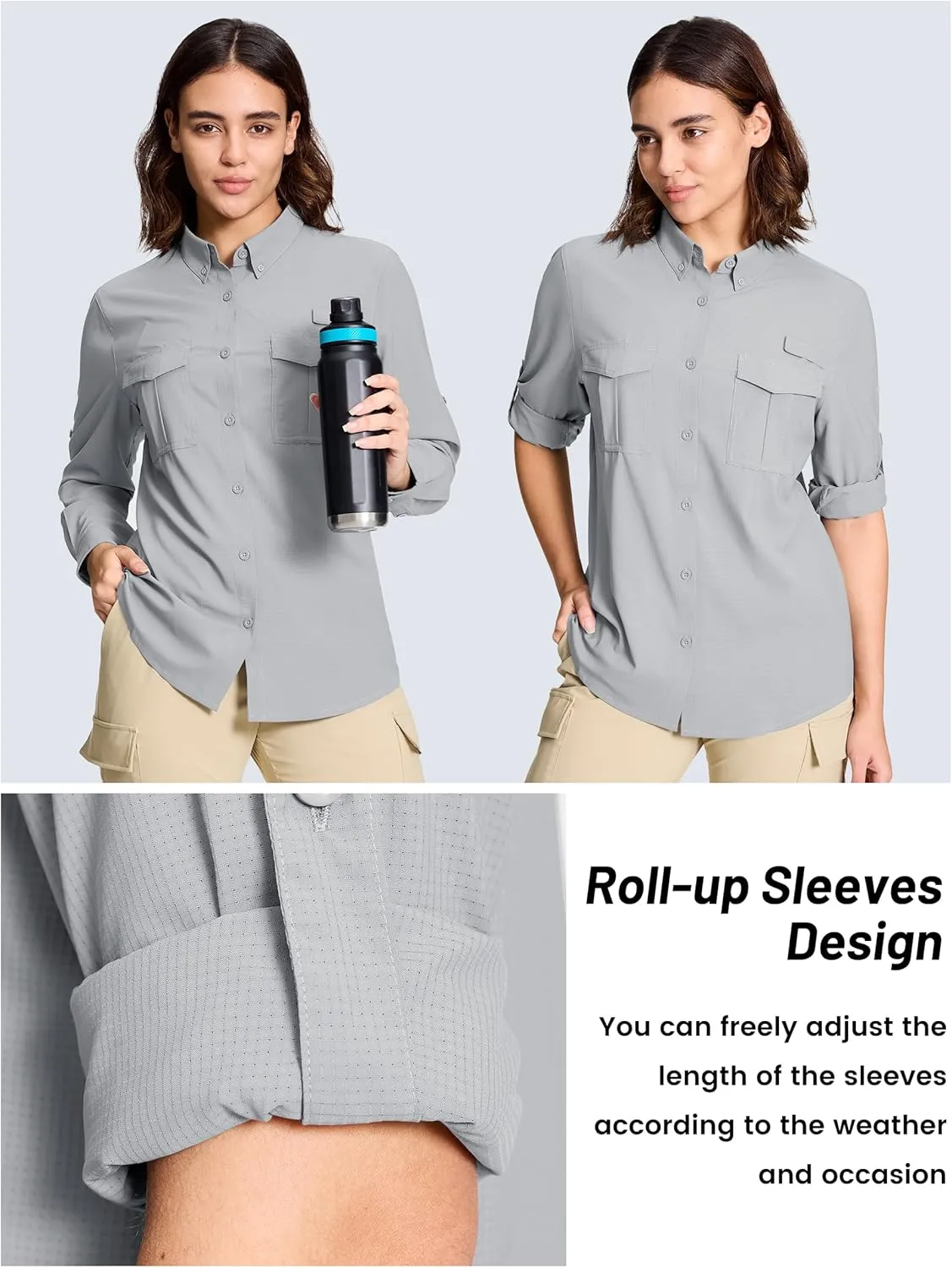 TACVASEN Women's Long Sleeve UV Sun Protection Safari Shirts Lightweight Quick Dry Hiking Fishing Button Down Shirts