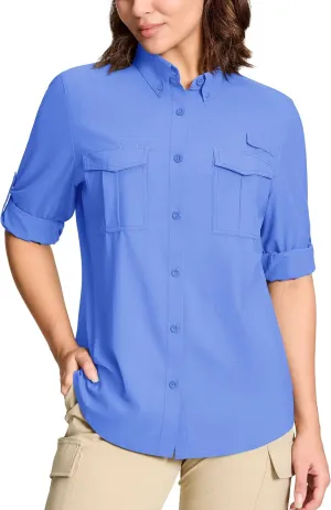 TACVASEN Women's Long Sleeve UV Sun Protection Safari Shirts Lightweight Quick Dry Hiking Fishing Button Down Shirts