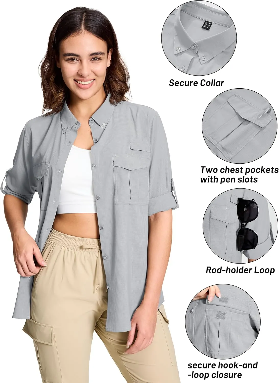 TACVASEN Women's Long Sleeve UV Sun Protection Safari Shirts Lightweight Quick Dry Hiking Fishing Button Down Shirts