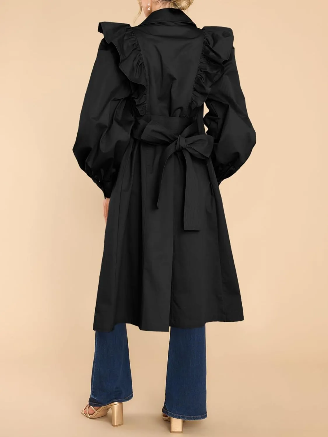 Tankaneo Womens Ruffle Long Trench Coat Fashion Long Sleeve Single Breated Overcoat Outerwear with Belt