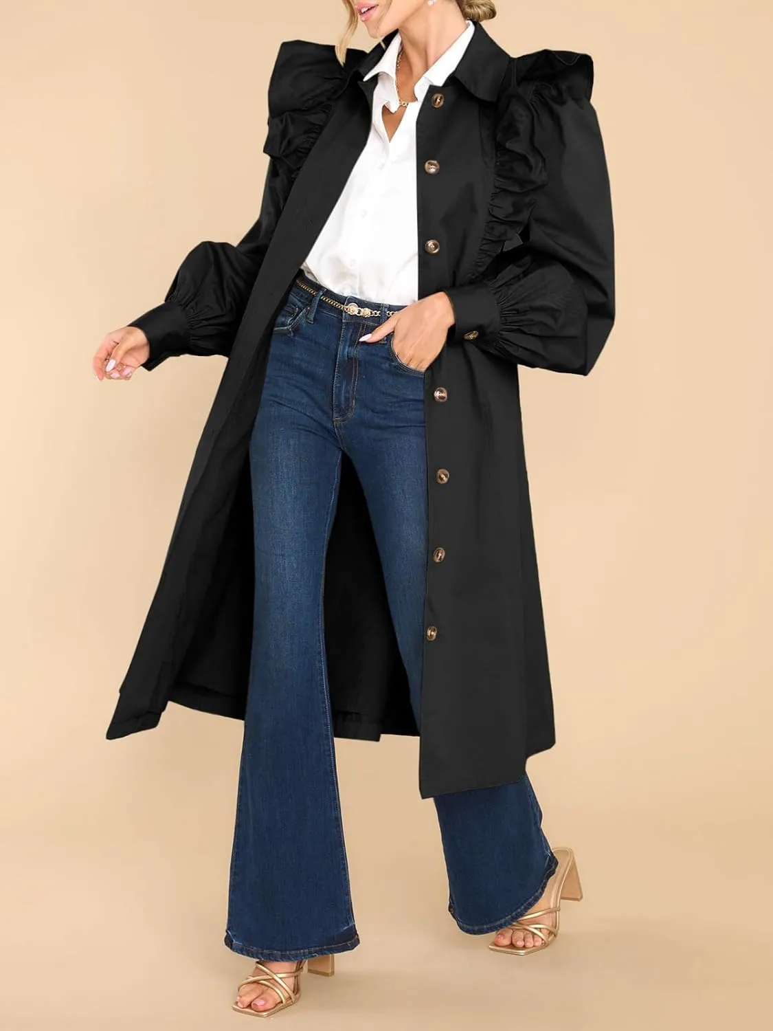 Tankaneo Womens Ruffle Long Trench Coat Fashion Long Sleeve Single Breated Overcoat Outerwear with Belt