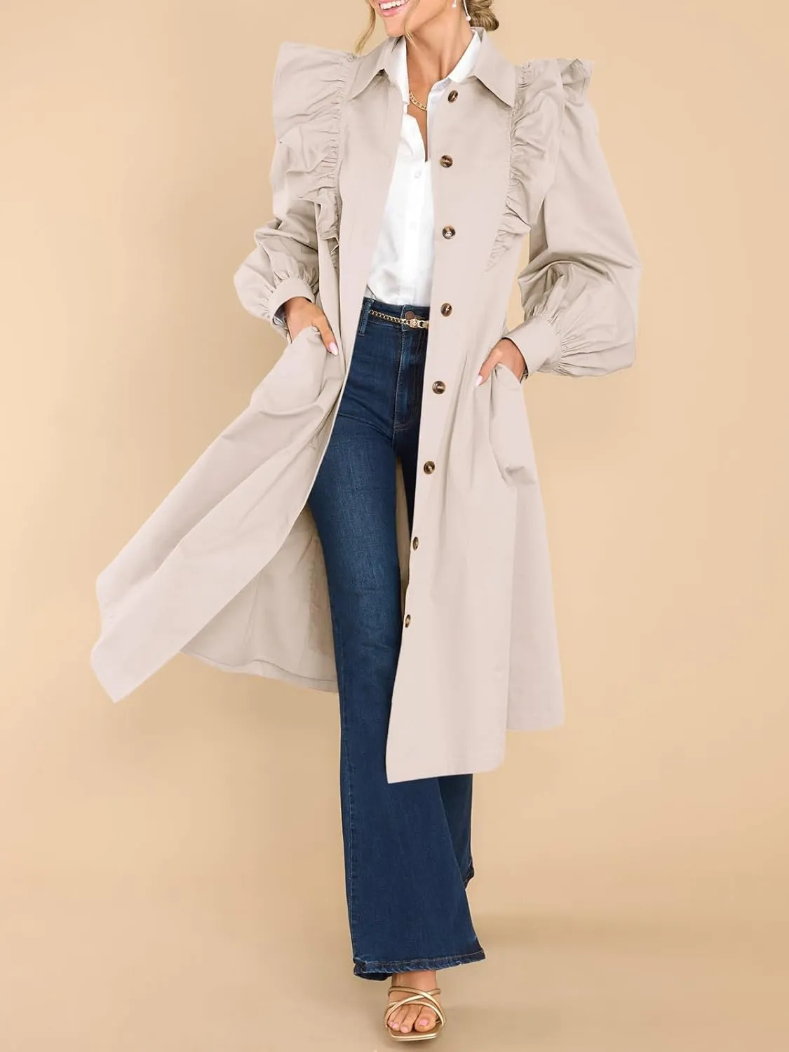 Tankaneo Womens Ruffle Long Trench Coat Fashion Long Sleeve Single Breated Overcoat Outerwear with Belt