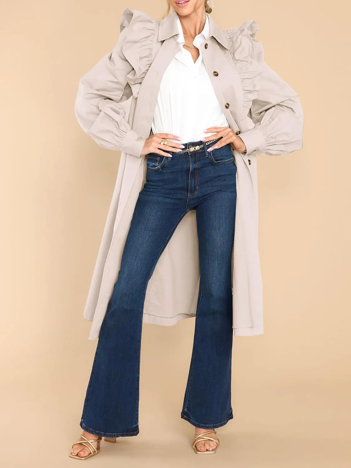 Tankaneo Womens Ruffle Long Trench Coat Fashion Long Sleeve Single Breated Overcoat Outerwear with Belt