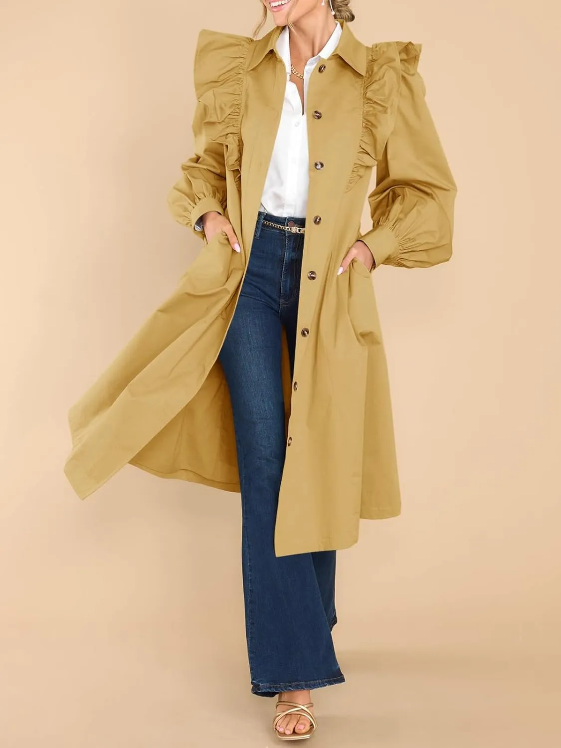 Tankaneo Womens Ruffle Long Trench Coat Fashion Long Sleeve Single Breated Overcoat Outerwear with Belt