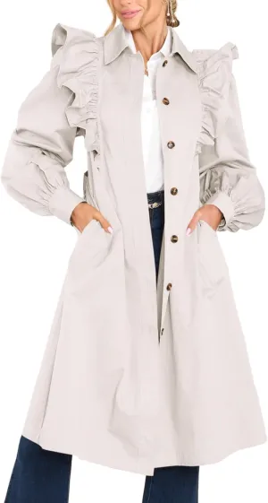 Tankaneo Womens Ruffle Long Trench Coat Fashion Long Sleeve Single Breated Overcoat Outerwear with Belt