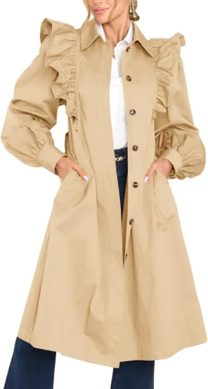 Tankaneo Womens Ruffle Long Trench Coat Fashion Long Sleeve Single Breated Overcoat Outerwear with Belt