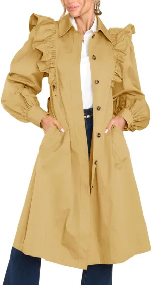 Tankaneo Womens Ruffle Long Trench Coat Fashion Long Sleeve Single Breated Overcoat Outerwear with Belt