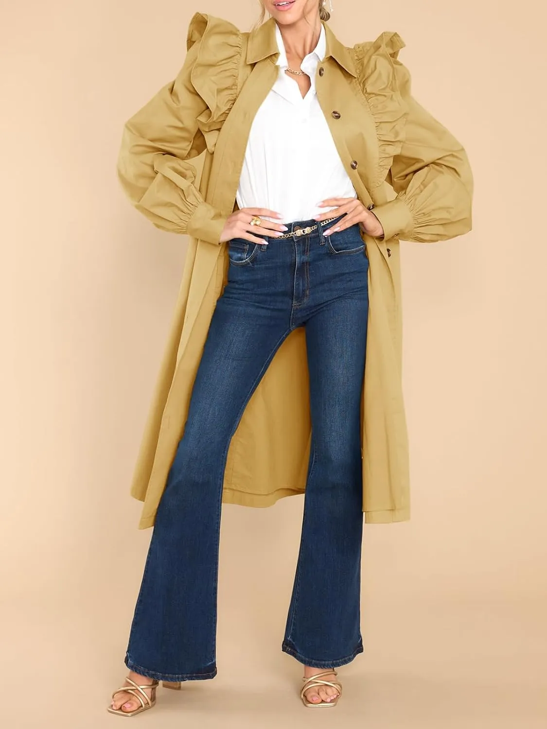 Tankaneo Womens Ruffle Long Trench Coat Fashion Long Sleeve Single Breated Overcoat Outerwear with Belt