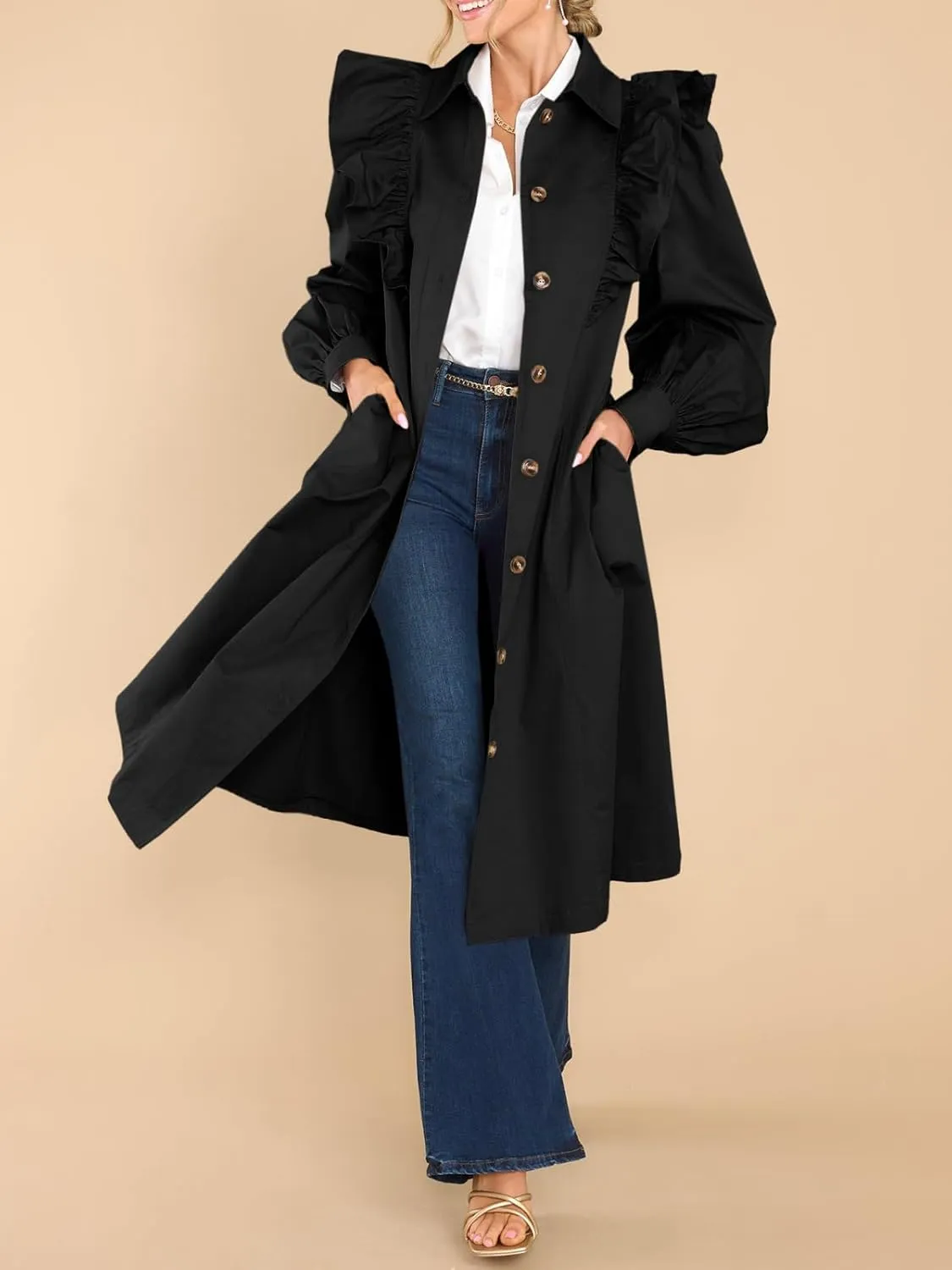 Tankaneo Womens Ruffle Long Trench Coat Fashion Long Sleeve Single Breated Overcoat Outerwear with Belt