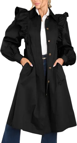 Tankaneo Womens Ruffle Long Trench Coat Fashion Long Sleeve Single Breated Overcoat Outerwear with Belt
