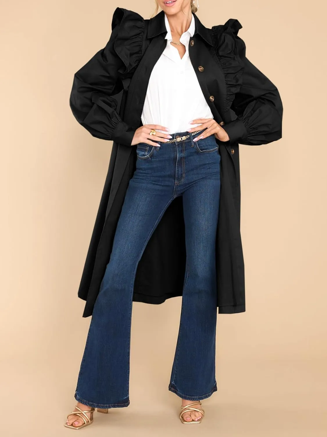 Tankaneo Womens Ruffle Long Trench Coat Fashion Long Sleeve Single Breated Overcoat Outerwear with Belt