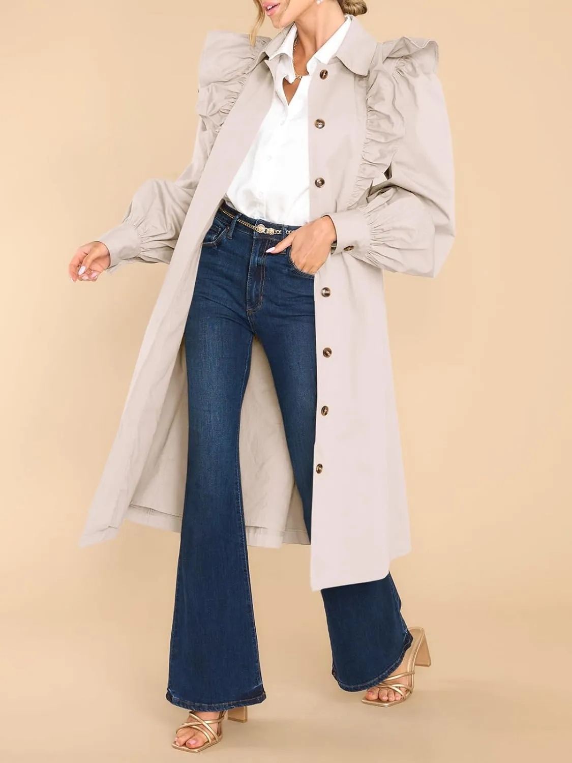 Tankaneo Womens Ruffle Long Trench Coat Fashion Long Sleeve Single Breated Overcoat Outerwear with Belt