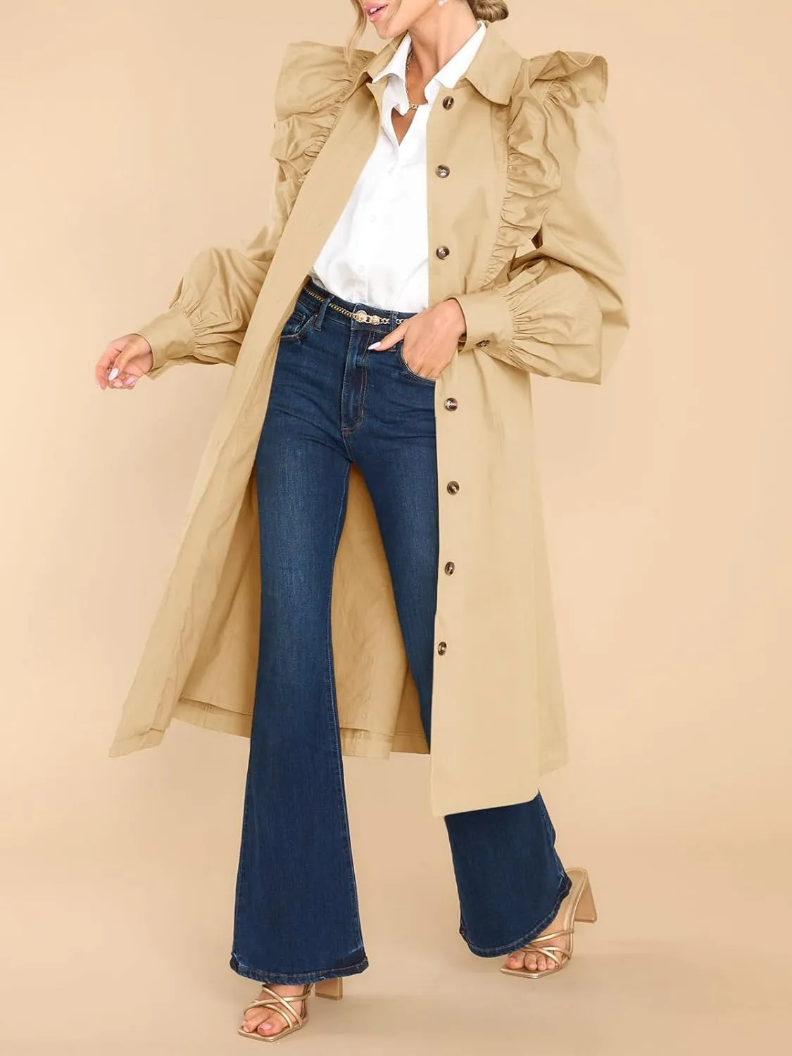 Tankaneo Womens Ruffle Long Trench Coat Fashion Long Sleeve Single Breated Overcoat Outerwear with Belt