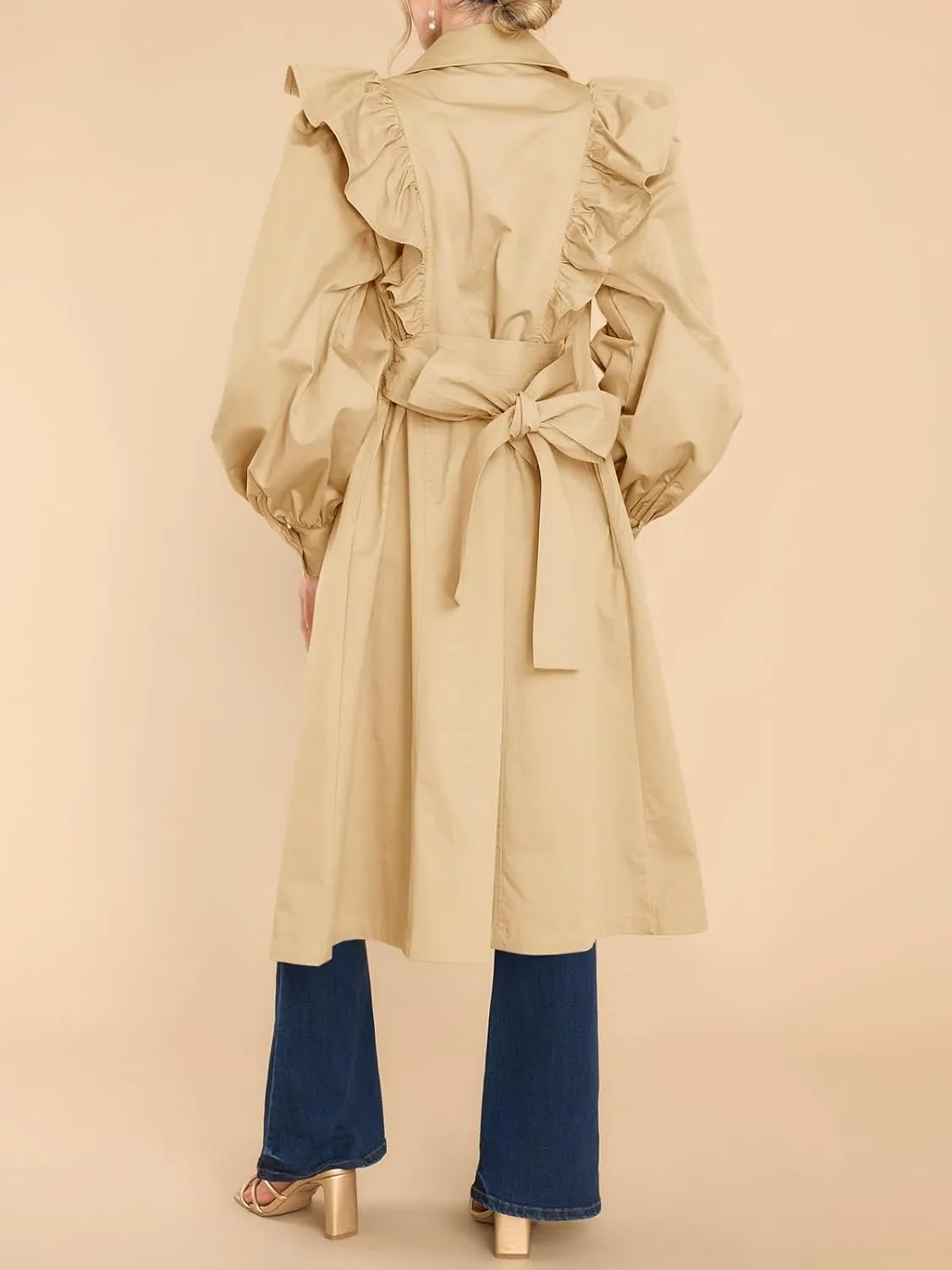 Tankaneo Womens Ruffle Long Trench Coat Fashion Long Sleeve Single Breated Overcoat Outerwear with Belt