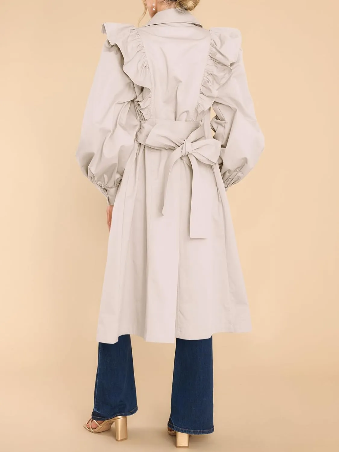 Tankaneo Womens Ruffle Long Trench Coat Fashion Long Sleeve Single Breated Overcoat Outerwear with Belt