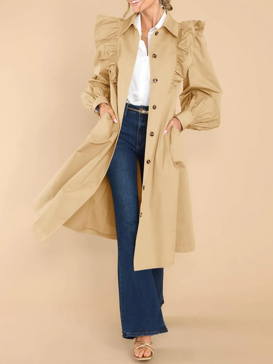 Tankaneo Womens Ruffle Long Trench Coat Fashion Long Sleeve Single Breated Overcoat Outerwear with Belt