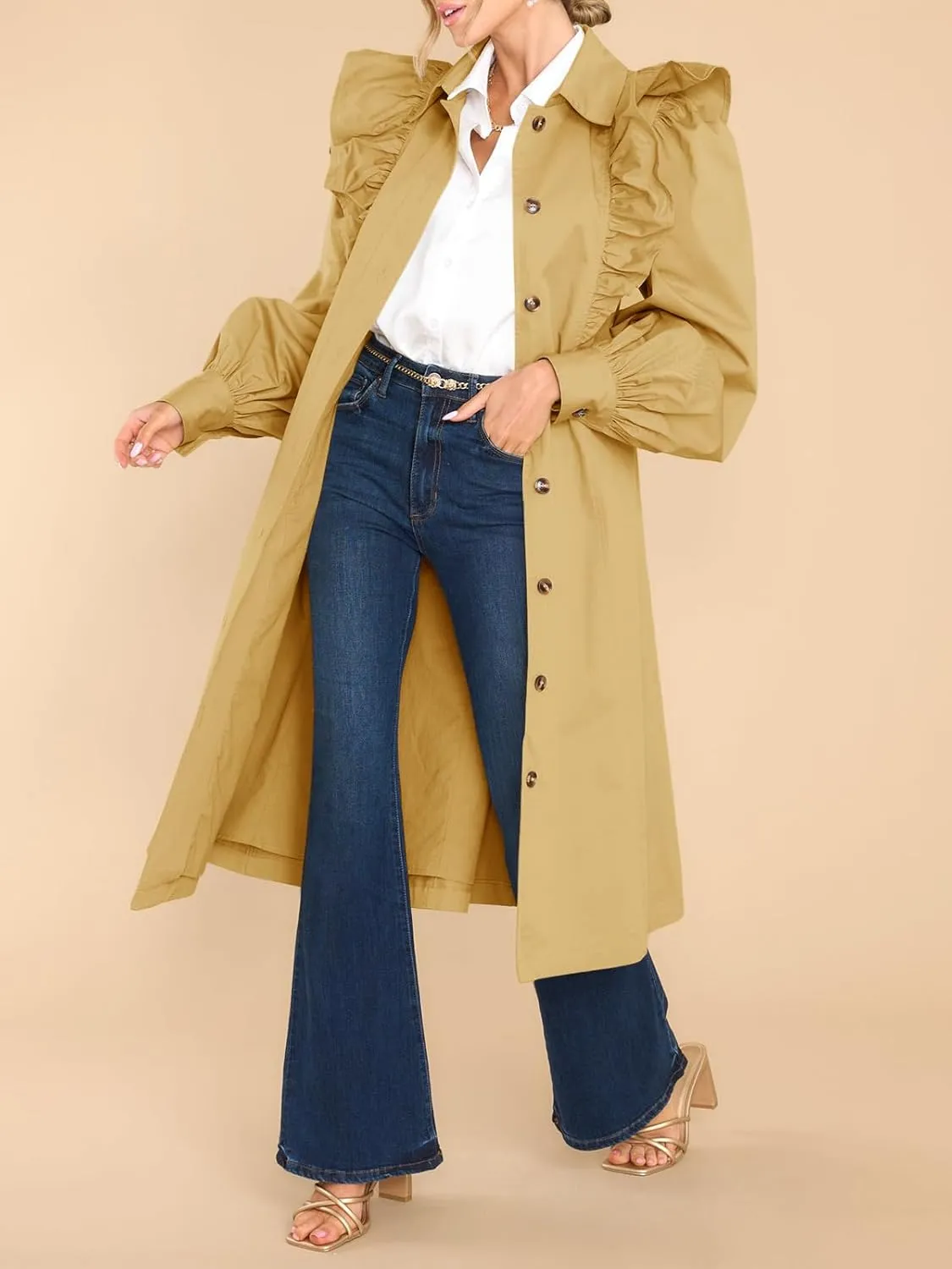 Tankaneo Womens Ruffle Long Trench Coat Fashion Long Sleeve Single Breated Overcoat Outerwear with Belt