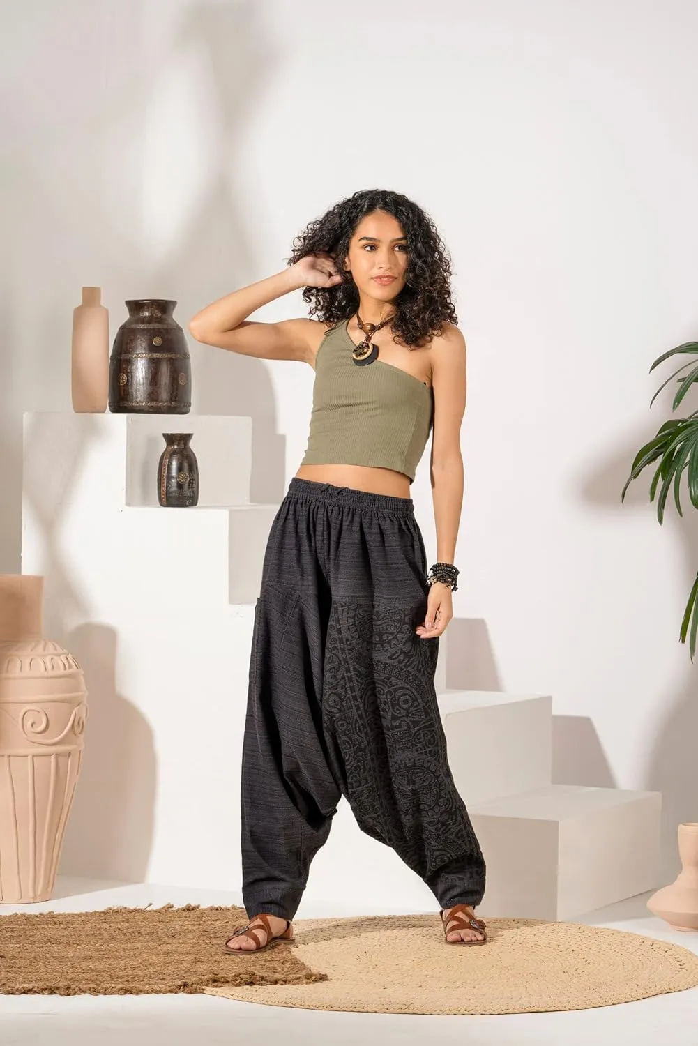 The Veshti Company Women's Printed Harem Pants - Boho Yoga Baggy Pants with Elastic Waist & Drawstring, Hippie Lounge Pants