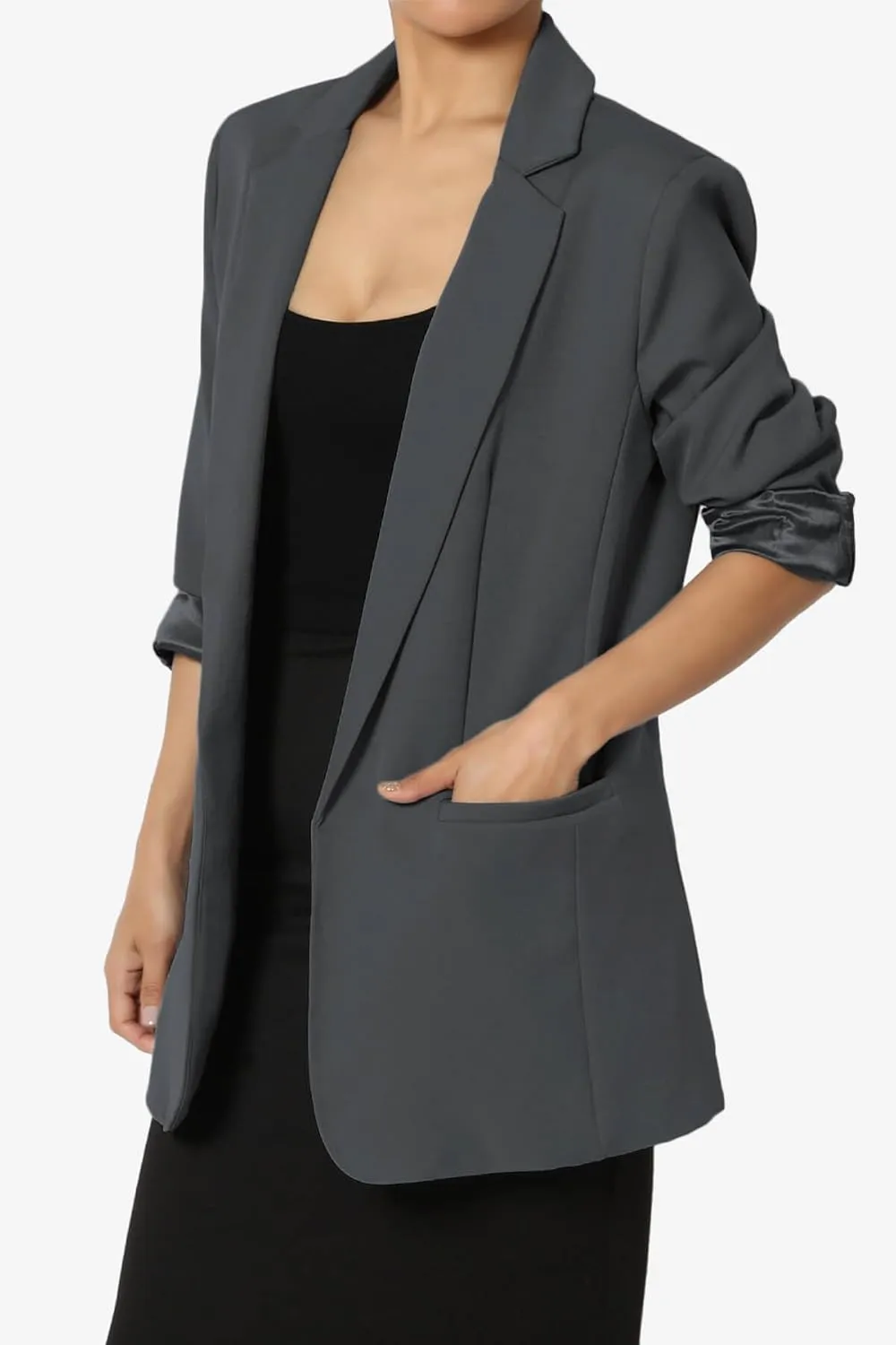 TheMogan Women's Cuffed Long Sleeve Open Front Blazer Stylish Office Casual Versatile Jacket