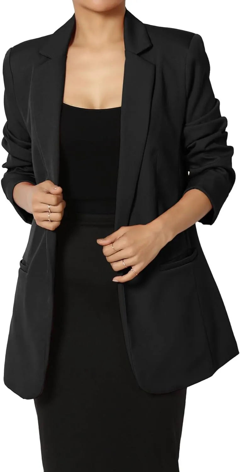 TheMogan Women's Cuffed Long Sleeve Open Front Blazer Stylish Office Casual Versatile Jacket