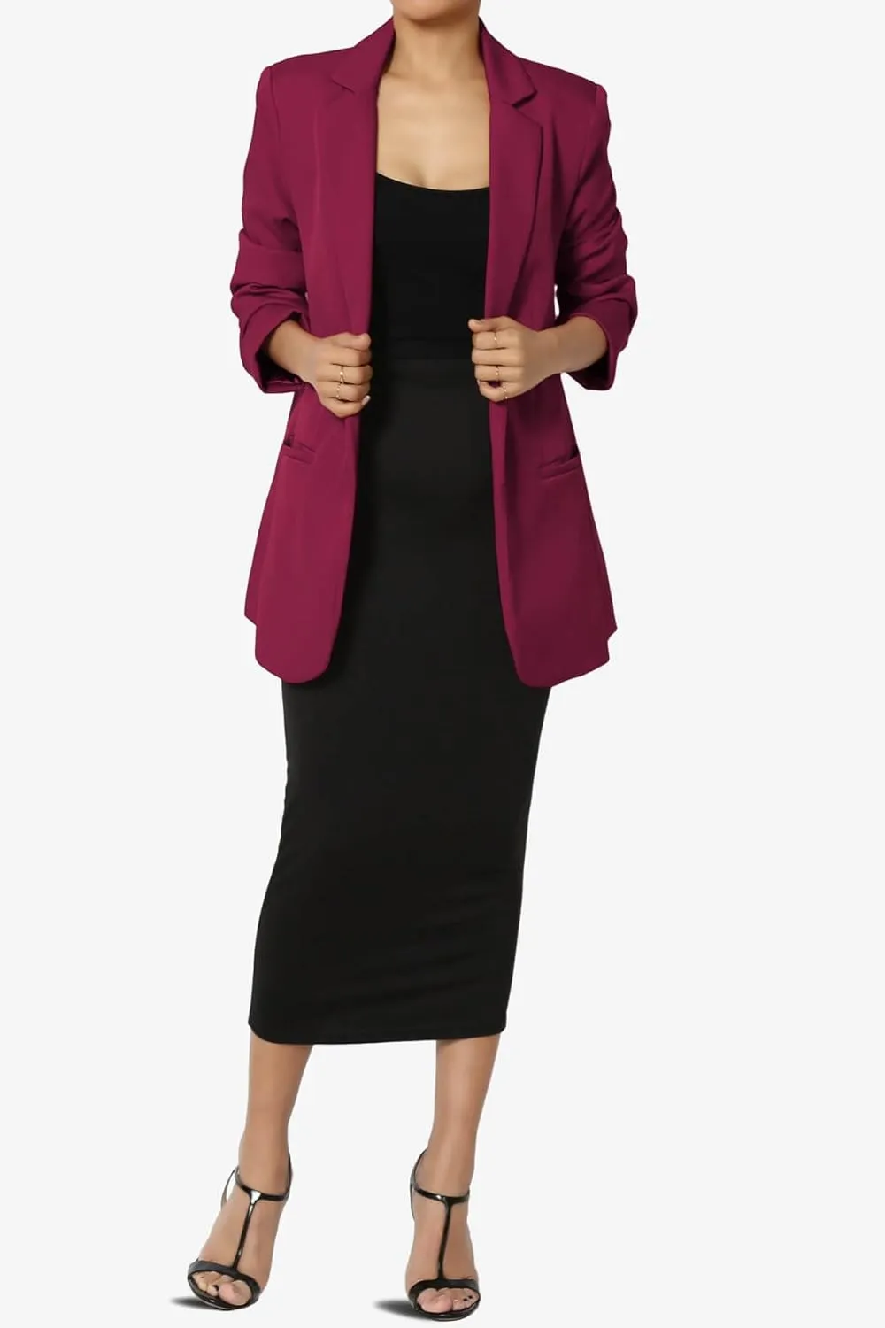 TheMogan Women's Cuffed Long Sleeve Open Front Blazer Stylish Office Casual Versatile Jacket