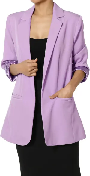 TheMogan Women's Cuffed Long Sleeve Open Front Blazer Stylish Office Casual Versatile Jacket