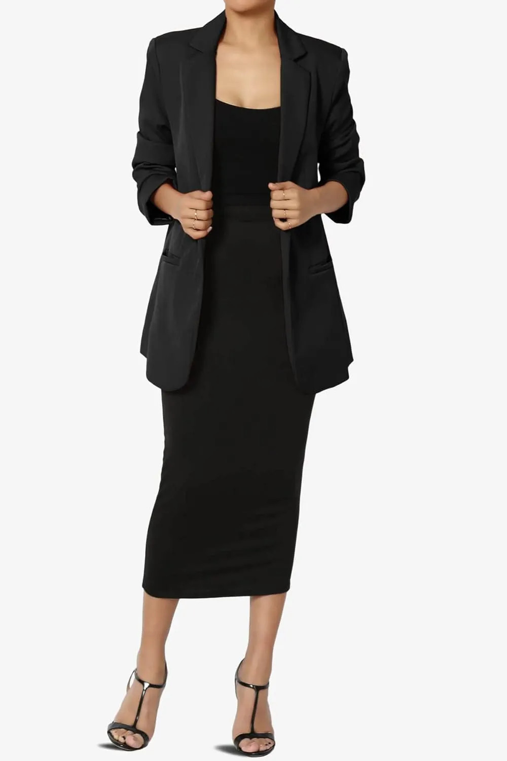 TheMogan Women's Cuffed Long Sleeve Open Front Blazer Stylish Office Casual Versatile Jacket