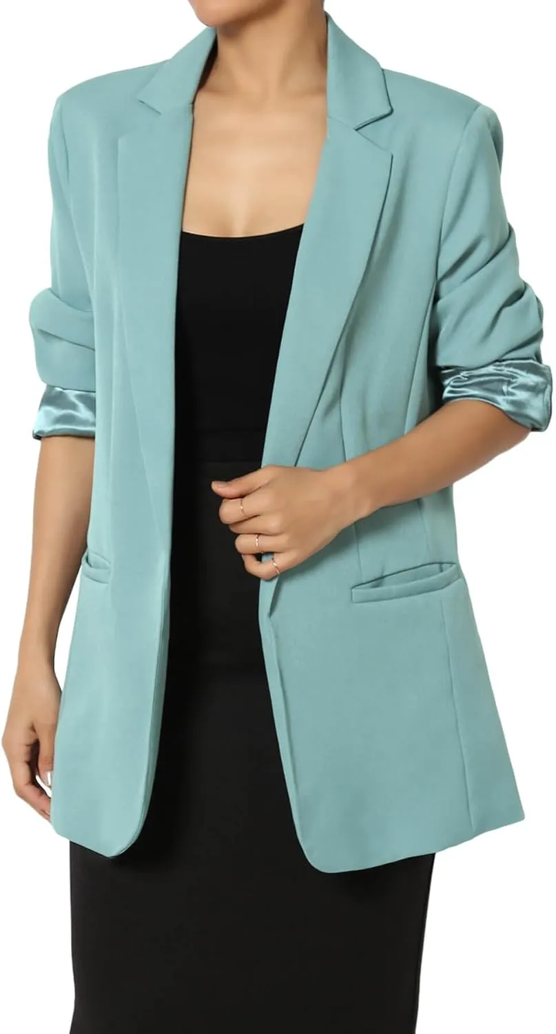 TheMogan Women's Cuffed Long Sleeve Open Front Blazer Stylish Office Casual Versatile Jacket