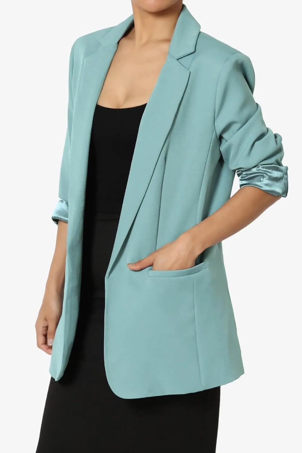 TheMogan Women's Cuffed Long Sleeve Open Front Blazer Stylish Office Casual Versatile Jacket