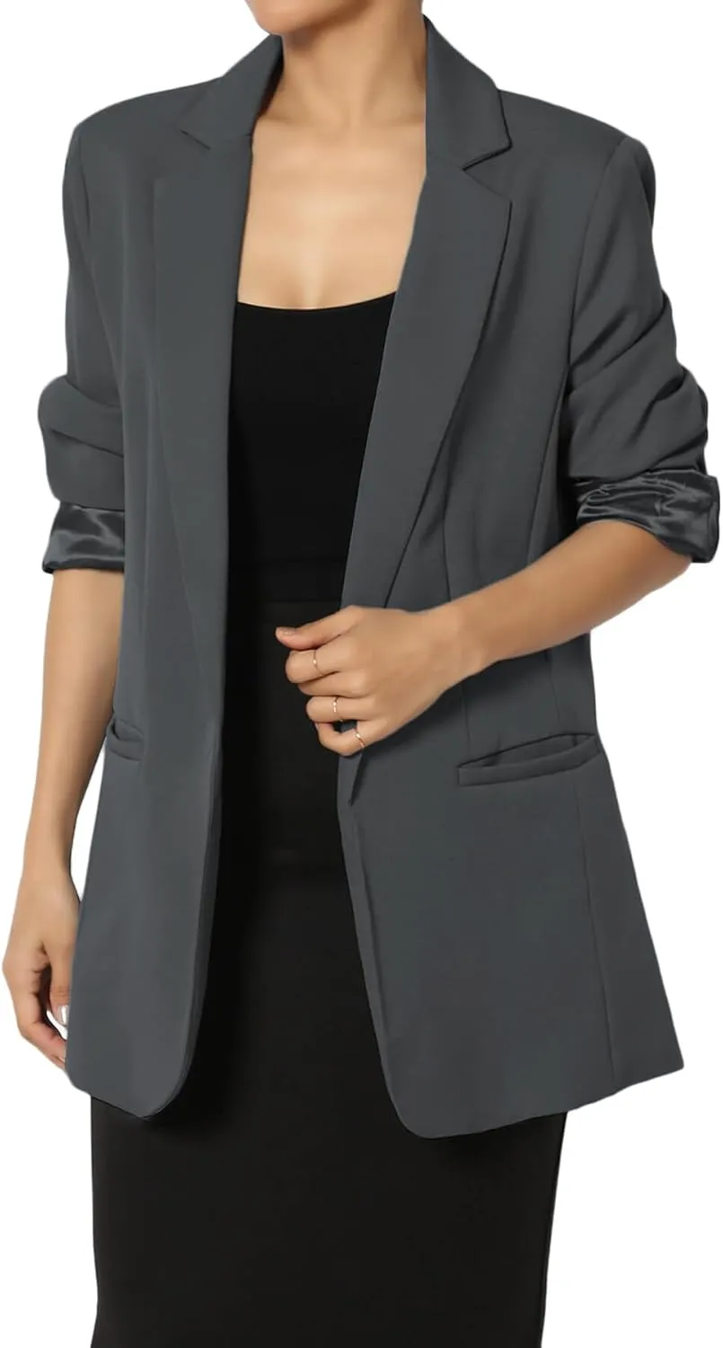 TheMogan Women's Cuffed Long Sleeve Open Front Blazer Stylish Office Casual Versatile Jacket