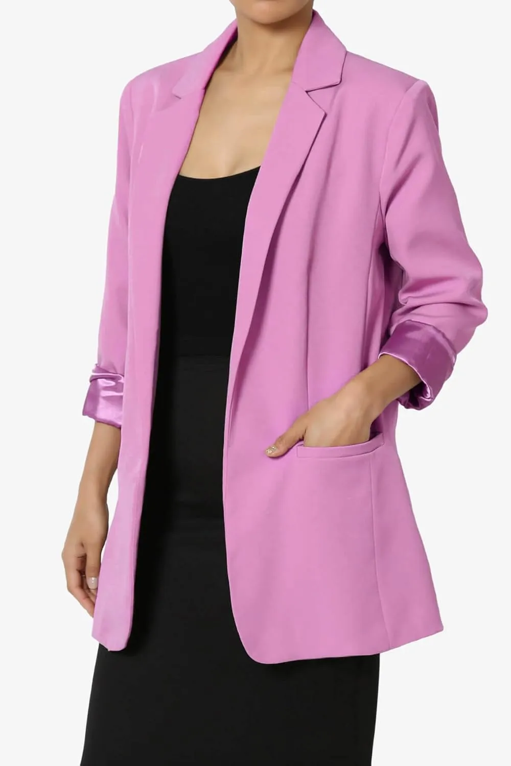 TheMogan Women's Cuffed Long Sleeve Open Front Blazer Stylish Office Casual Versatile Jacket