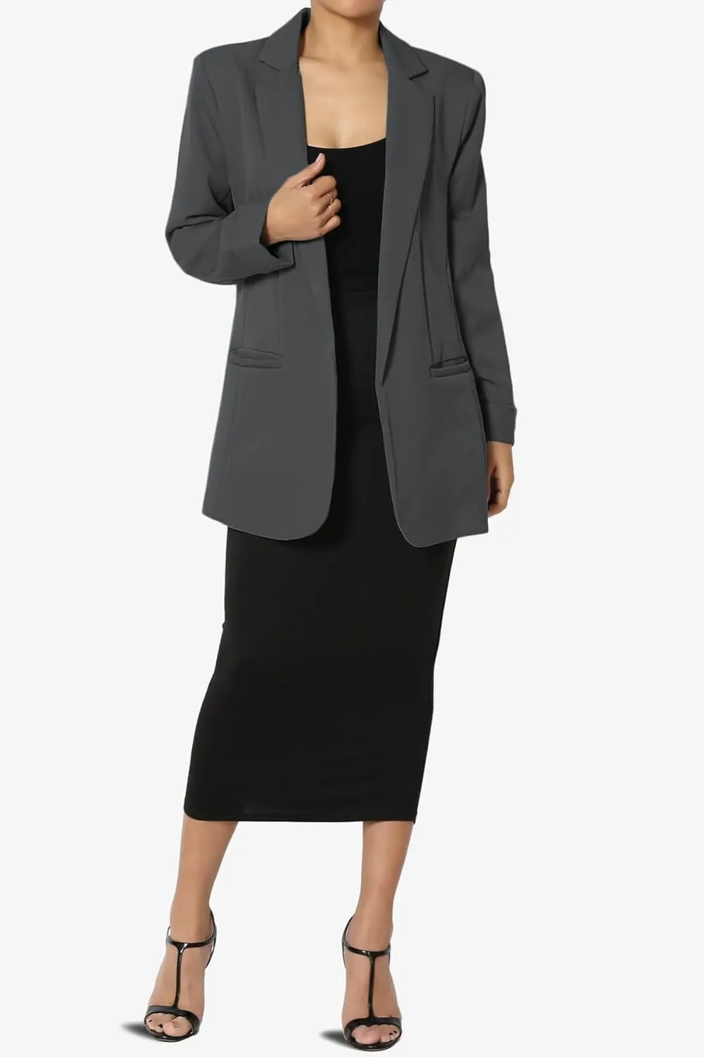 TheMogan Women's Cuffed Long Sleeve Open Front Blazer Stylish Office Casual Versatile Jacket
