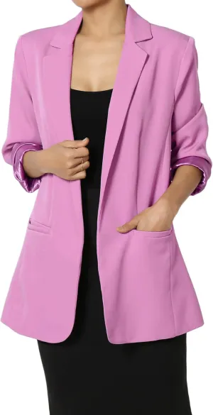 TheMogan Women's Cuffed Long Sleeve Open Front Blazer Stylish Office Casual Versatile Jacket
