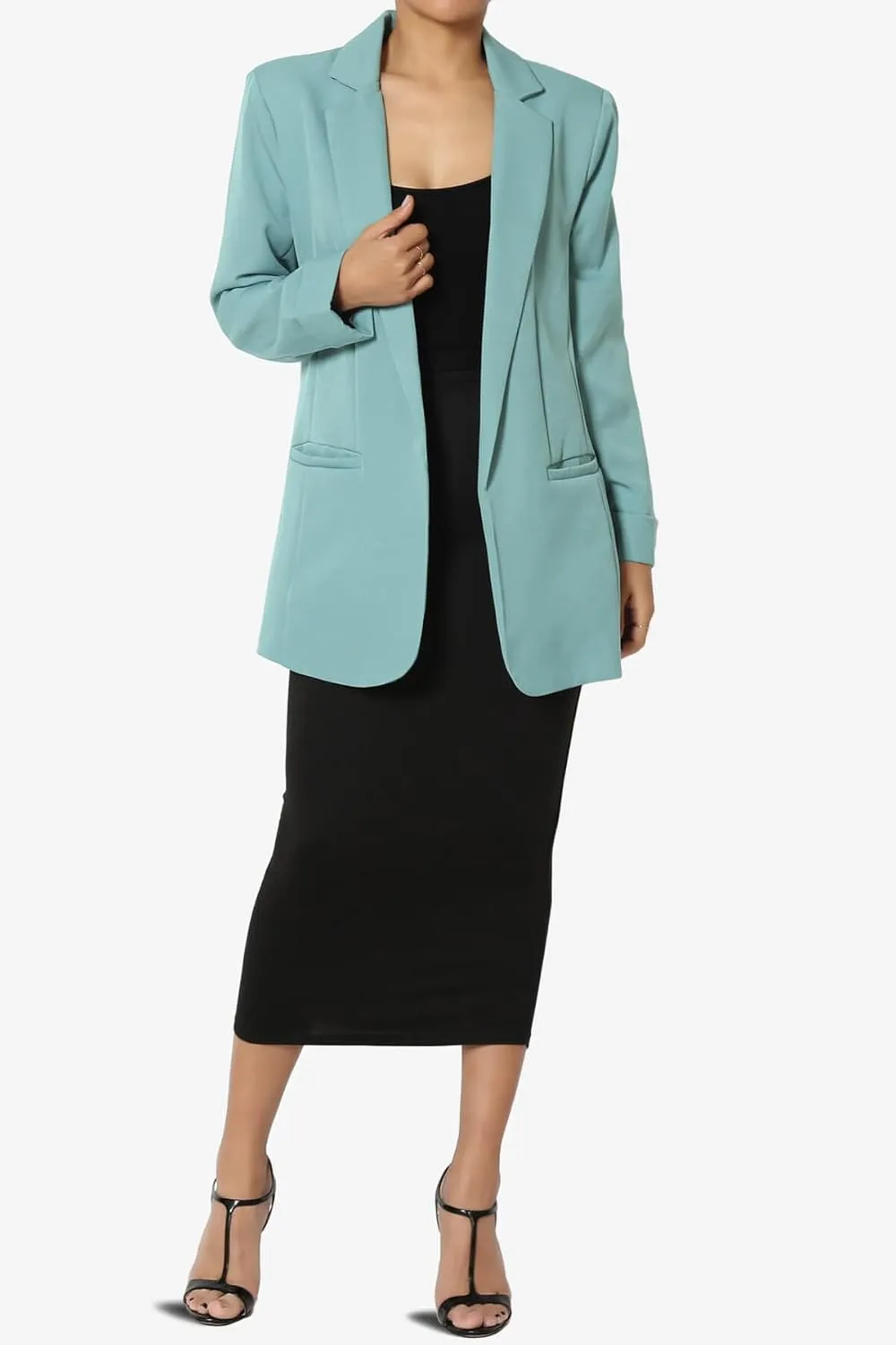 TheMogan Women's Cuffed Long Sleeve Open Front Blazer Stylish Office Casual Versatile Jacket
