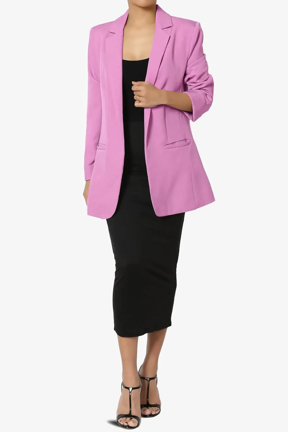 TheMogan Women's Cuffed Long Sleeve Open Front Blazer Stylish Office Casual Versatile Jacket