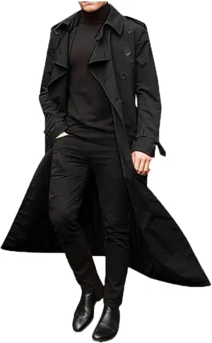 Trench Coat Men Double Breasted Oversized Belted Windbreaker Lapel Lightweight Long Jacket Casual Windproof Overcoat