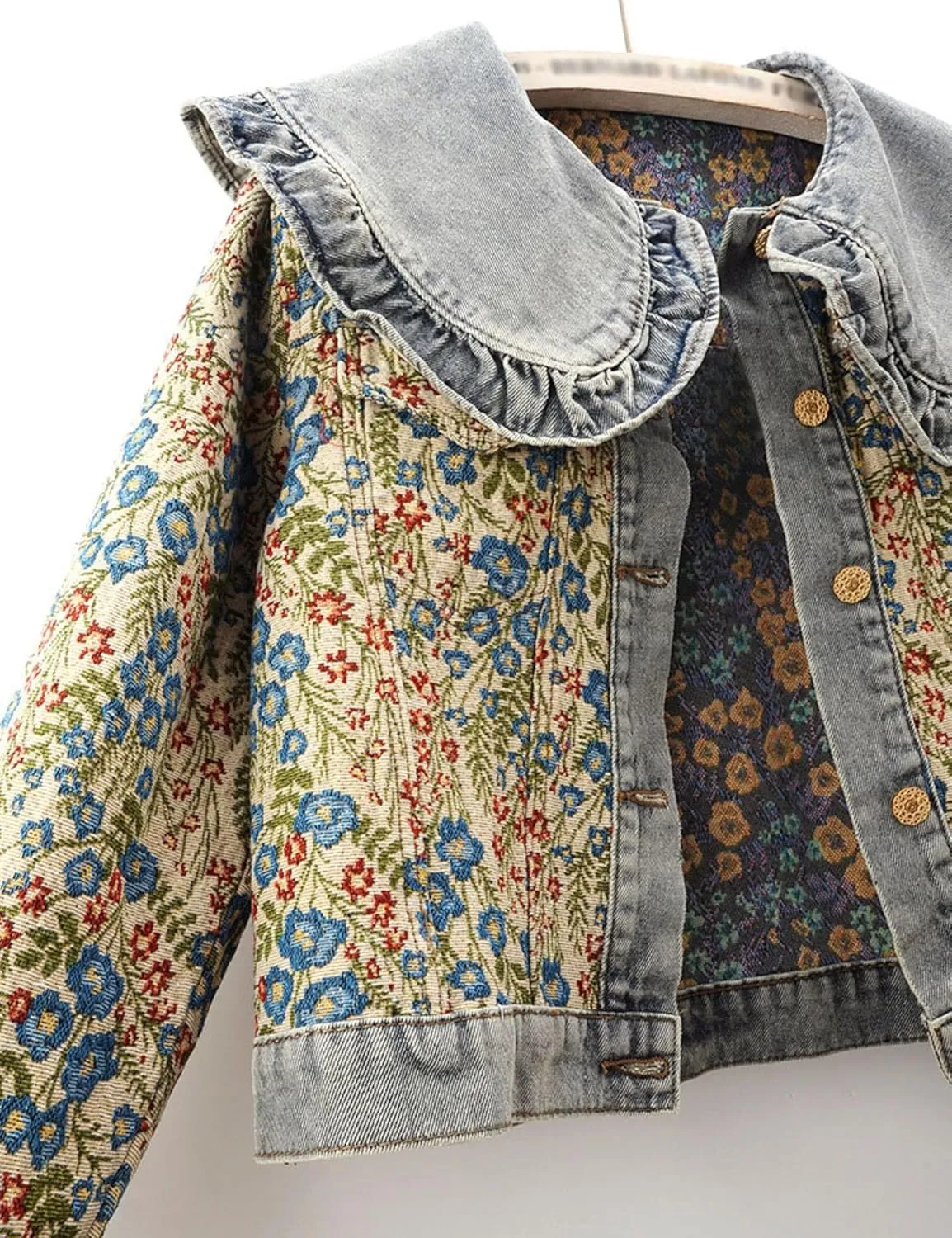 Unilexi Womens Peter pan Collar Embroidered Jean Jackets Long Sleeve Jacquard Versatile Denim Jackets