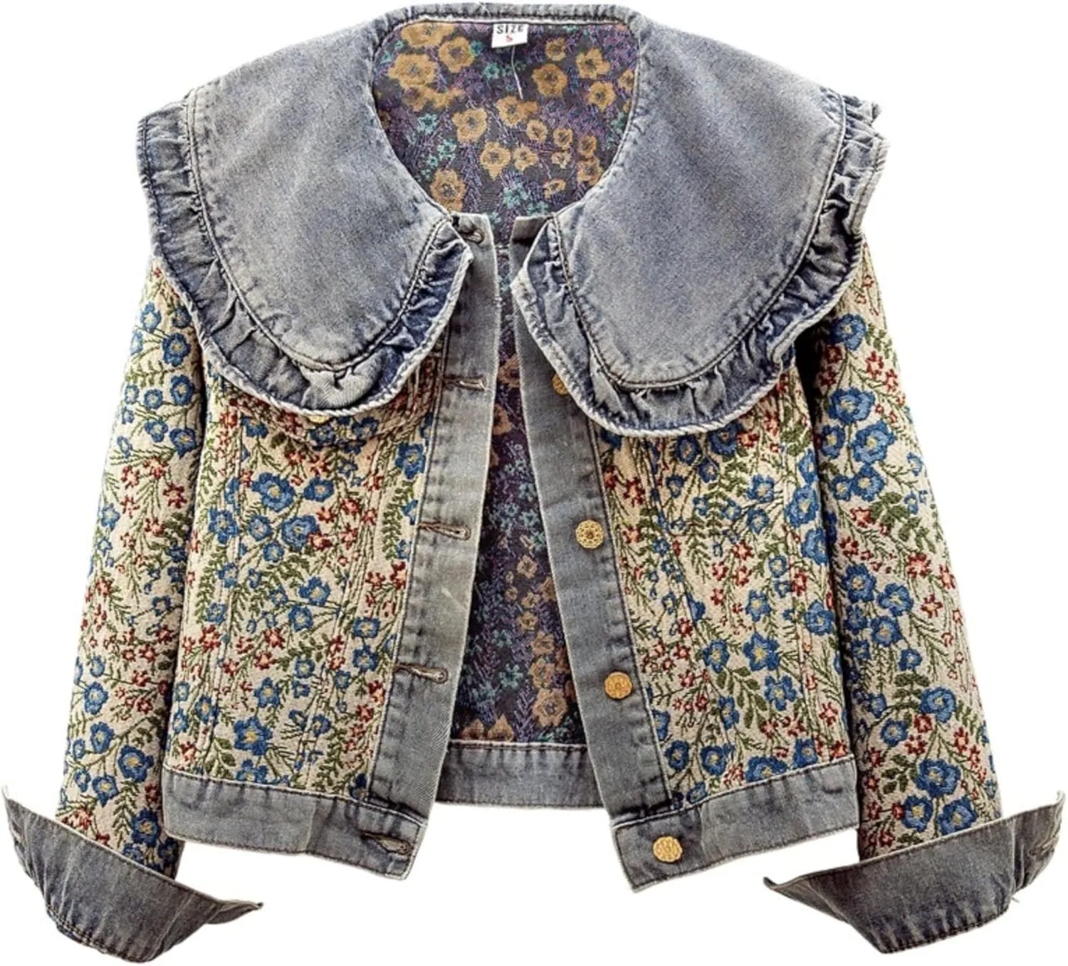 Unilexi Womens Peter pan Collar Embroidered Jean Jackets Long Sleeve Jacquard Versatile Denim Jackets