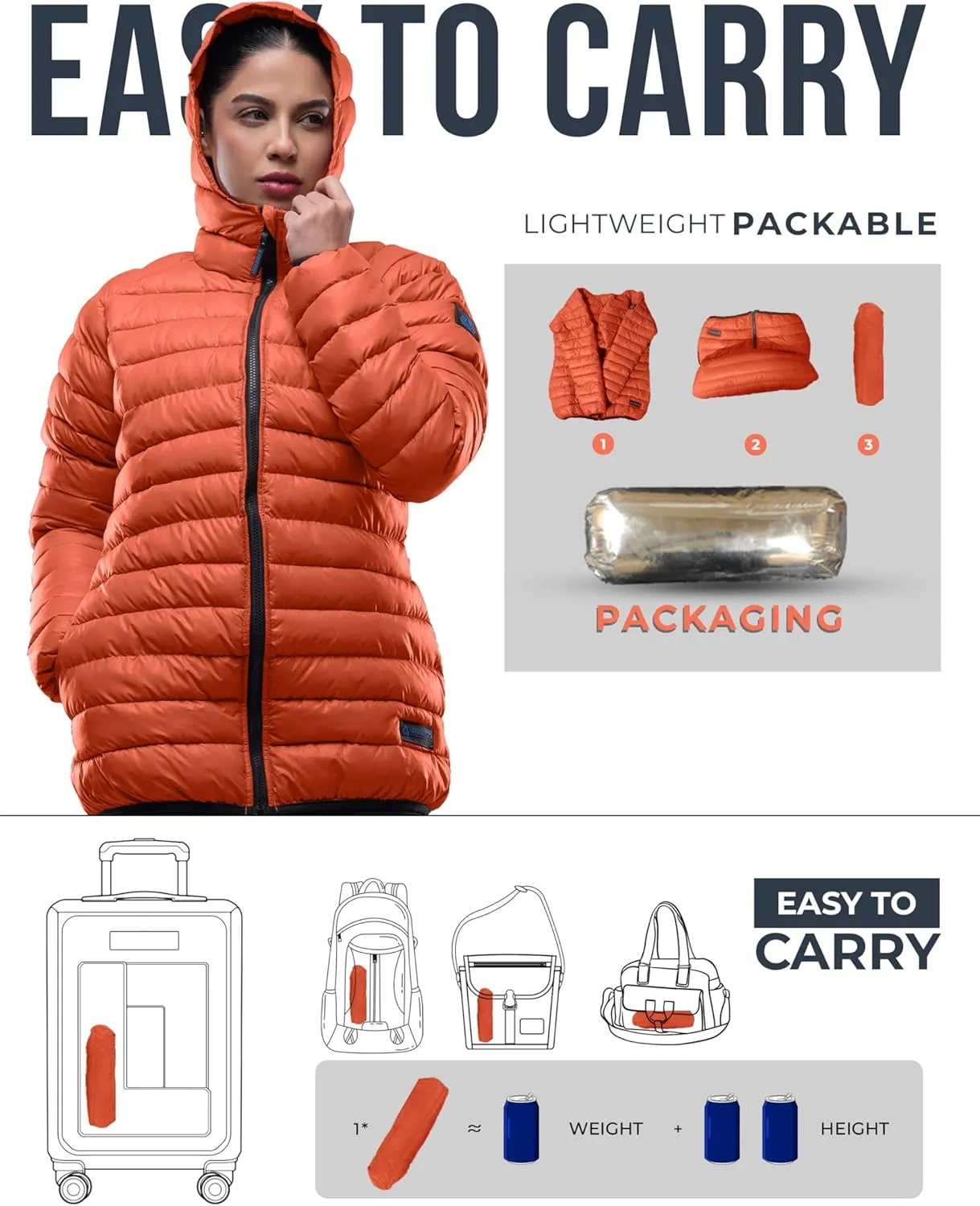 URBAN BUCK Packable Puffer Jacket Women with Hood  32 Degree Lightweight Quilted Winter Puff Foldable Jacket for Women