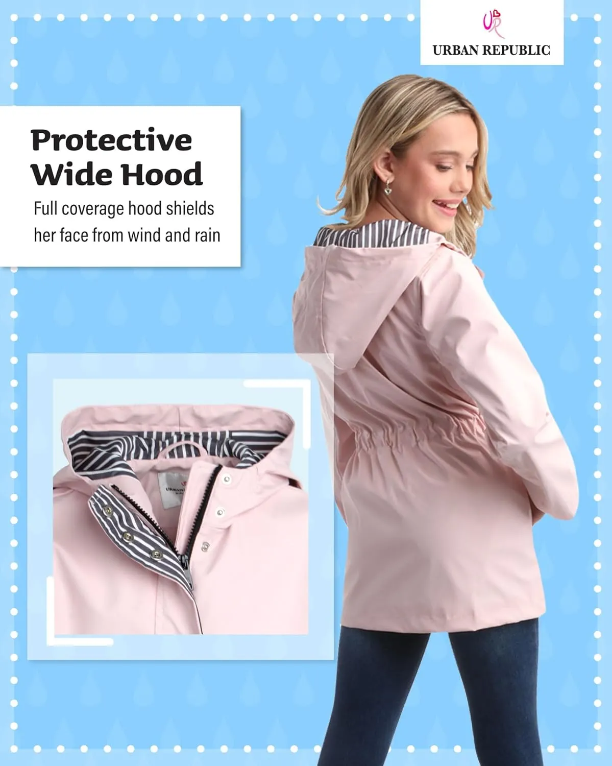 URBAN REPUBLIC Girls' Rain Jacket - Lightweight Waterproof Slicker Shell Hooded Raincoat for Travel, Hiking, and Golf (7-16)