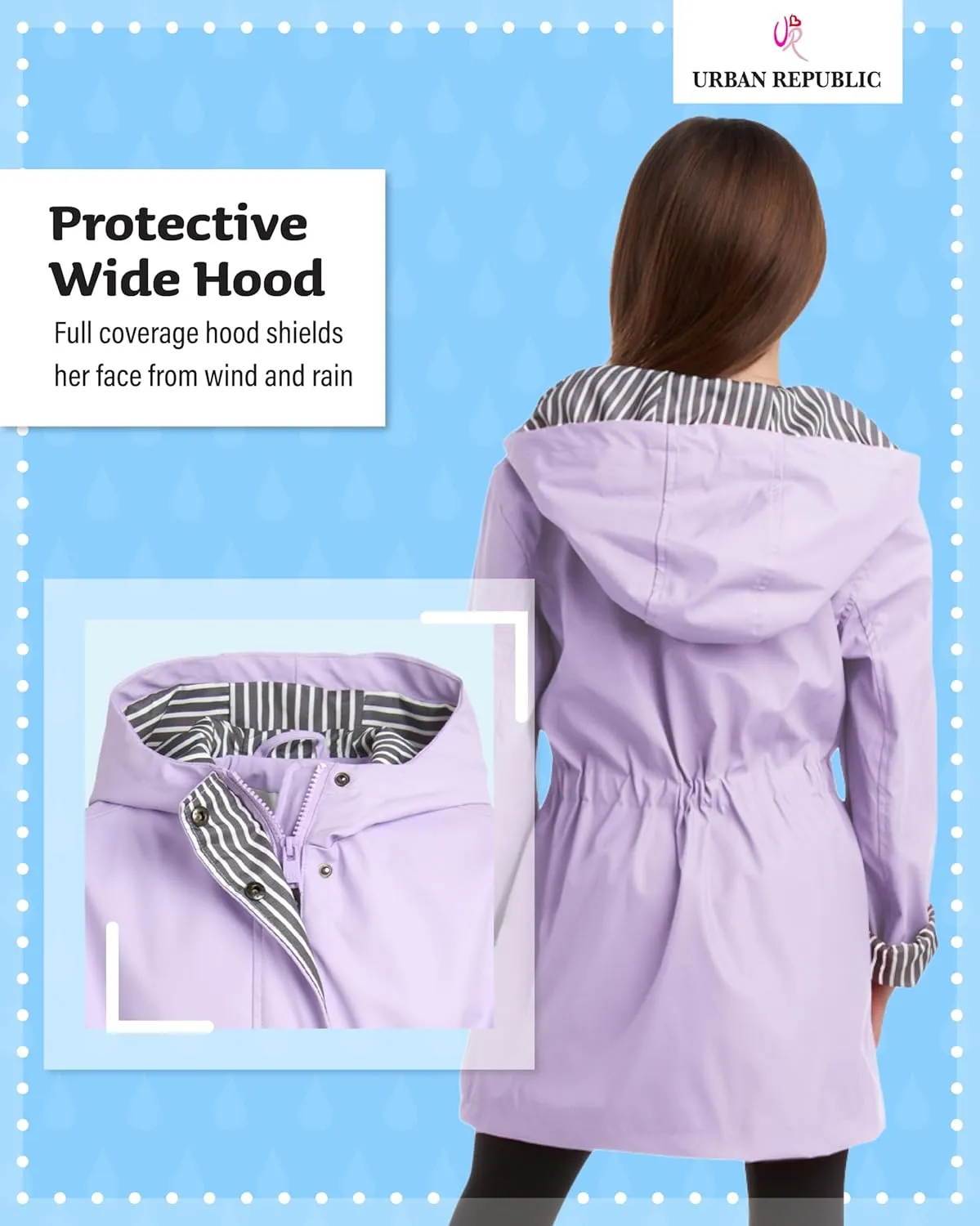 URBAN REPUBLIC Girls' Rain Jacket - Lightweight Waterproof Slicker Shell Hooded Raincoat for Travel, Hiking, and Golf (7-16)