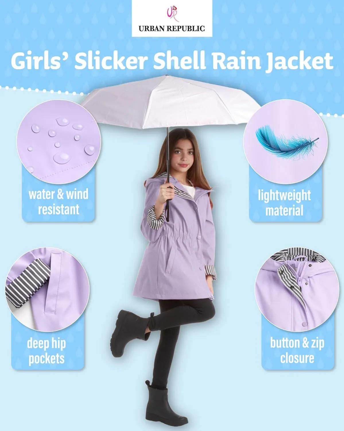 URBAN REPUBLIC Girls' Rain Jacket - Lightweight Waterproof Slicker Shell Hooded Raincoat for Travel, Hiking, and Golf (7-16)