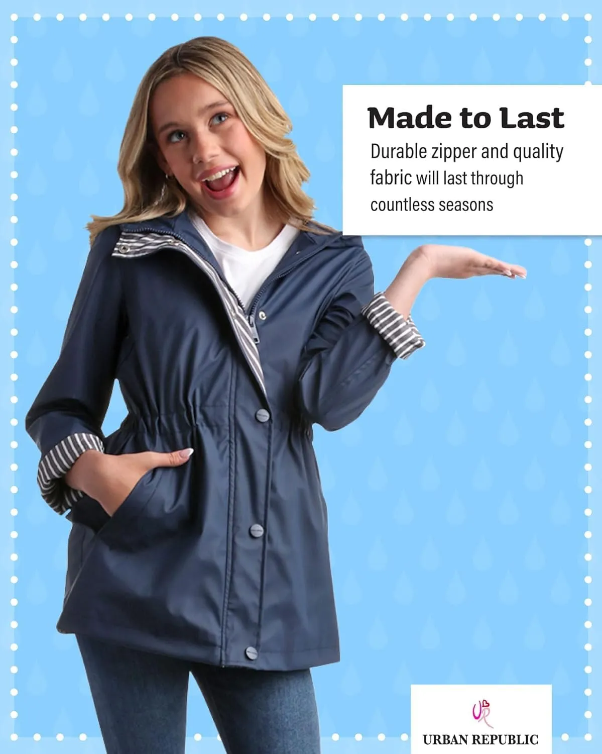URBAN REPUBLIC Girls' Rain Jacket - Lightweight Waterproof Slicker Shell Hooded Raincoat for Travel, Hiking, and Golf (7-16)